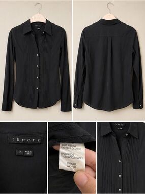 Theory Black Silk Pintuck Button-Up Blouse (Petite)